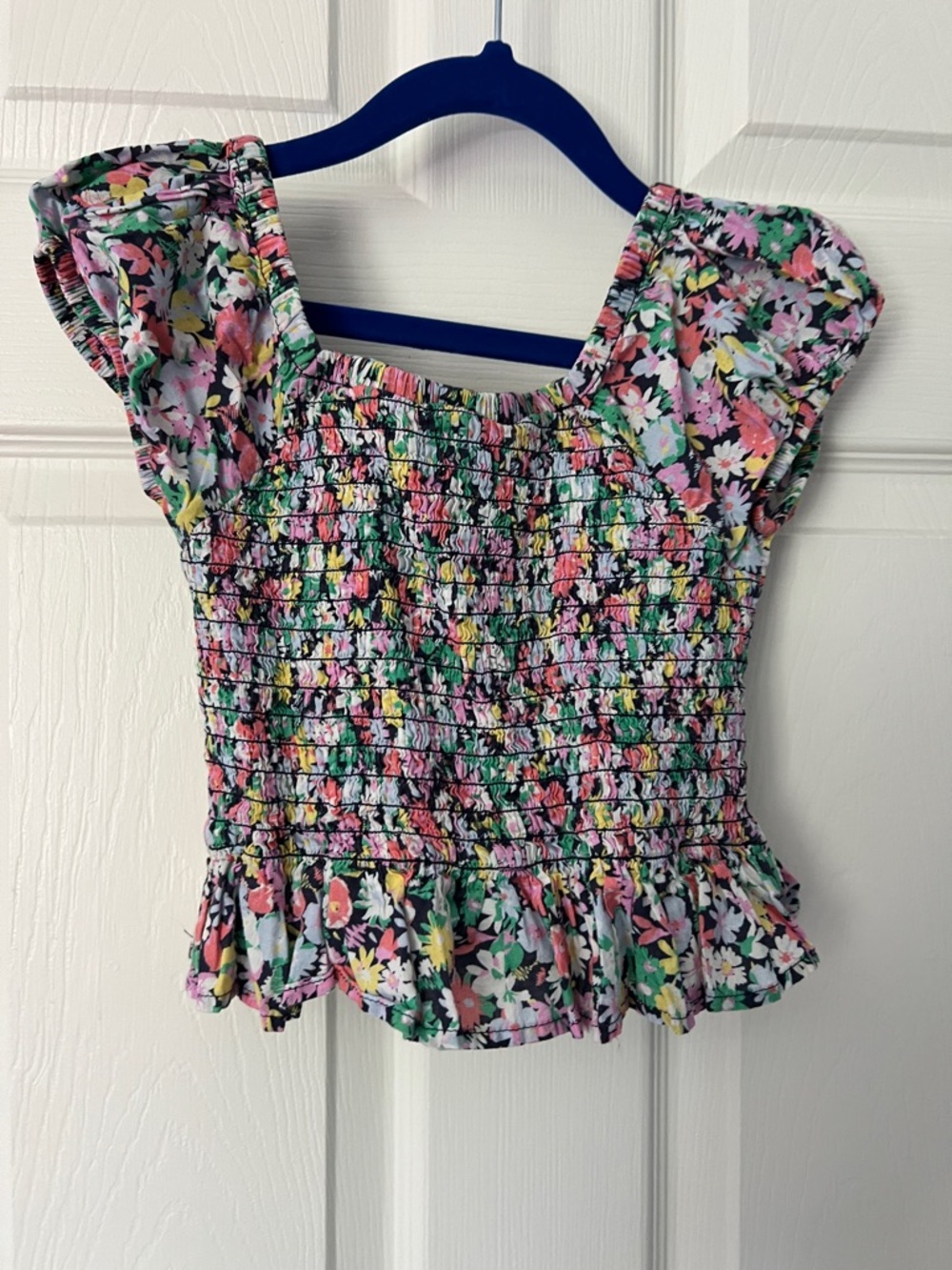 GAP Floral Smocked Peplum Top - Pink, Green, Yellow, Black